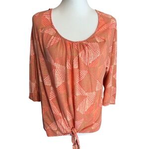 Lucky Brand Womens XL Coral Geometric Tie Front 3/4 Sleeve Knit Top Scoop Neck